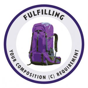 Fulfilling Your Composition (C) Requirement Badge featuring a purple camping backpack
