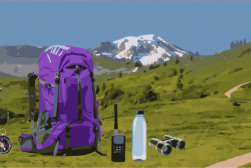 An illustrated landscape with icons representing the various Writing @ UW pathways (a compass, a backpack, a walkie talkie, a water bottle, binoculars) in the foreground.