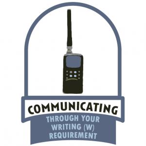 Badge/Icon for Communicating Through Your Writing (W) Requirement. Features an image of a radio/walkie talkie