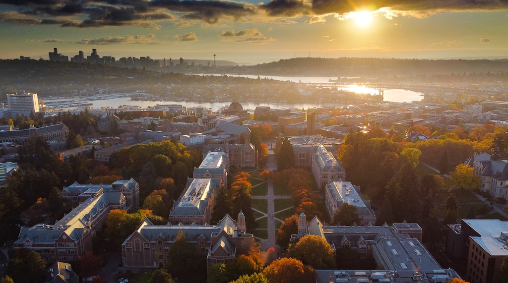 View of UW Seattle Campus from a drone