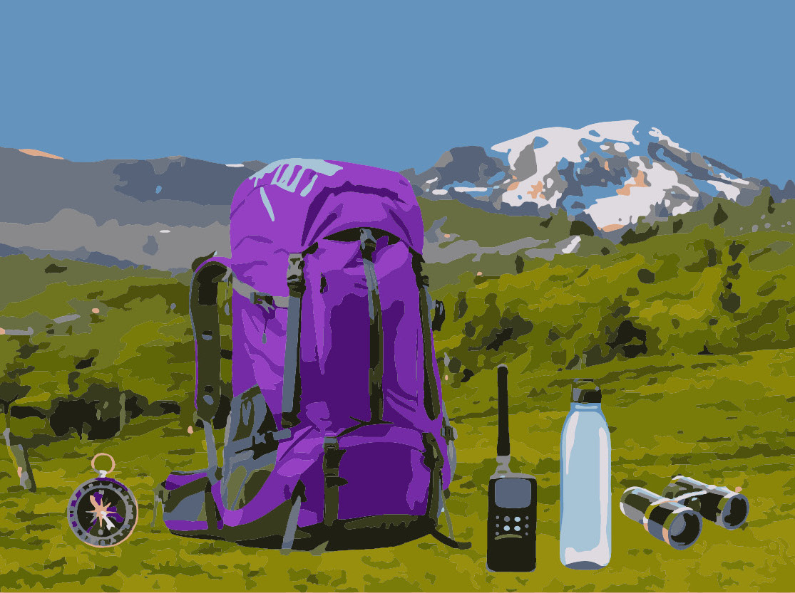 A sunny day iluminates a purple backpack, compass, radio, water bottle, and binoculars in front of Mt. Rainer