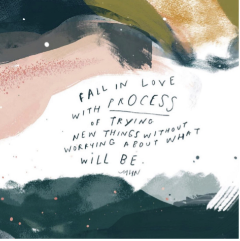 Watercolor with the text Fall in love with process of trying new things without worrying about what will be