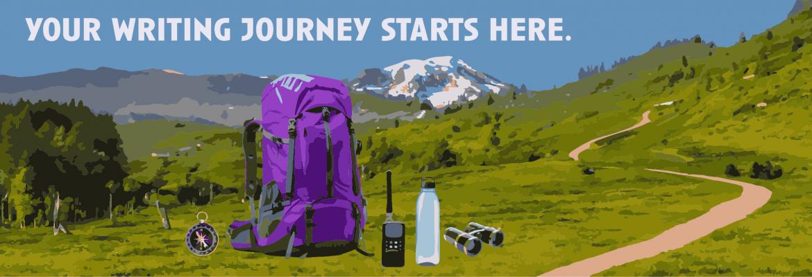Mountain scene with hiking gear and text that says Your Writing Journey Starts Here