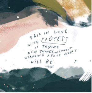 Painting featuring the following passage: "Fall in love with process of trying new thing without worrying about what will be"