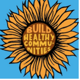Illustration showing sunflower with words "Build Healthy Communities" in the center.