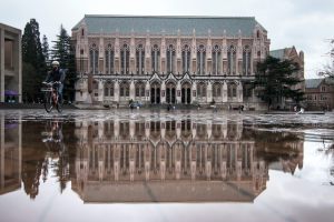 A building on UW Seattle campus during a rainy day
