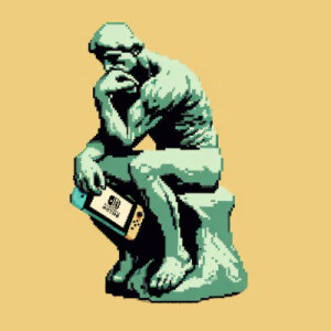Pixel art depiction of "The Thinker" sculpture holding a Nintendo Switch in its right hand