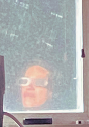 Janine Slaker wears glasses and looks through a frosted-glass window.